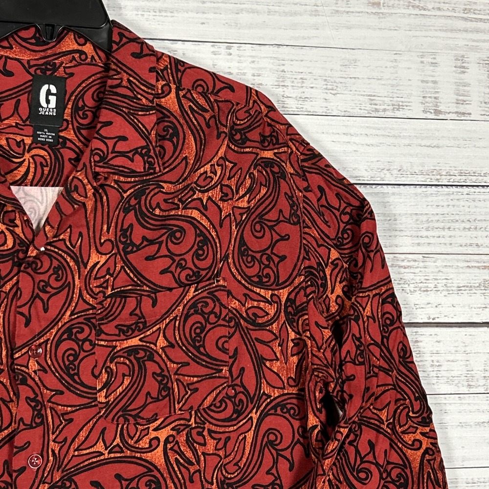 Vtg GUESS Shirt Mens XL Camp Collar Long Sleeve Red Paisley Rayon Hong Kong